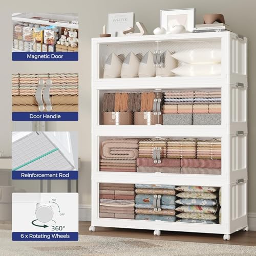 960QT Extra Large Stackable Storage Bins with Lid, 240Gal Plastic Closet Organizers and Storage Drawer, Collapsible Cabinet Box with Wheels Clear Doors for Home Kitchen Office, 3Pack White - size: 320QT
