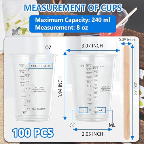 8oz Clear Plastic Measuring Cups, Graduated Mixing Cups, 100 Pack