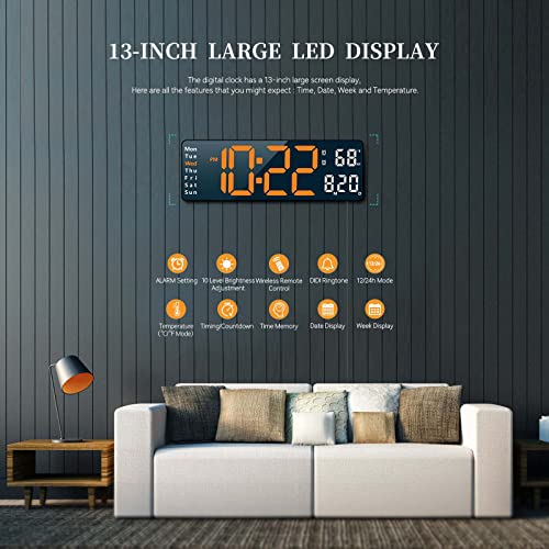 Abovsare Digital Wall Clock for Living Room Decor, Desk Alarm Clock for Bedroom, Large Wall Clock with Remote Control, Automatic Brightness Dimmer LED Clock with Date Temperature Week (Orange-B) - color: Black Case+orange Digit