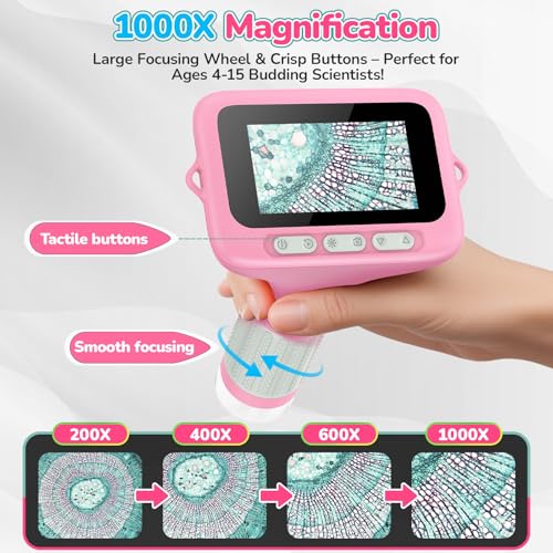 Kids Digital Microscope with 3-Inch Screen: STEM Toy Science Gift Ages 4-12 - color: Pink
