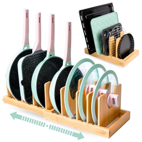 Pots and Pans Organizer under Cabinet Expandable Bamboo Pot Lid Holder Rack - color: Natural