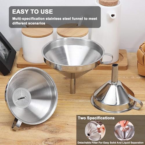 Stainless Steel Funnels for Kitchen use,4PCS Kitchen Metal Funnel with 2 Removable Strainer,Cleaning Brush.Funnel for Filling Bottles,for Transferring of Liquid,Oils,Jam (5.1",3",2.2",1.8") - size: 4pcs Funnel set