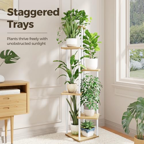 Bamworld White Plant Stand Indoor Tall Metal Wood Plant Shelf - color: White Oak, size: 6 Tier