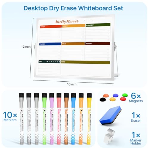 Marsrock Weekly Calendar Whiteboard with Stand, Dry Erase Magnetic 16"x12" - color: Colorful, size: 16"x12"