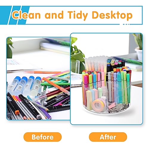 Mefirt Acrylic Pen Holder, 360 Degree Rotating Pen Organizer, Rotating Desk Acrylic Office Organizer with 6 Compartments, Marker Organizer for Kid, Crayon Caddy School Art Supply Storage Organizer - style: Clear-Large