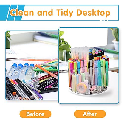 Mefirt Acrylic Pen Holder, 360 Degree Rotating Pen Organizer, Rotating Desk Acrylic Office Organizer with 6 Compartments, Marker Organizer for Kid, Crayon Caddy School Art Supply Storage Organizer - style: Clear-Large