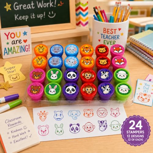Cinrobiye 24 Pcs Animal Stampers for Kids, Pre-Inked Safari Zoo Party Favor Set, Animal Theme Birthday Party Supplies, Classroom Rewards, Goody Bags, Piñata Fillers - color: Animal Face