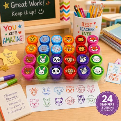 Cinrobiye 24 Pcs Animal Stampers for Kids, Pre-Inked Safari Zoo Party Favor Set, Animal Theme Birthday Party Supplies, Classroom Rewards, Goody Bags, Piñata Fillers - color: Animal Face