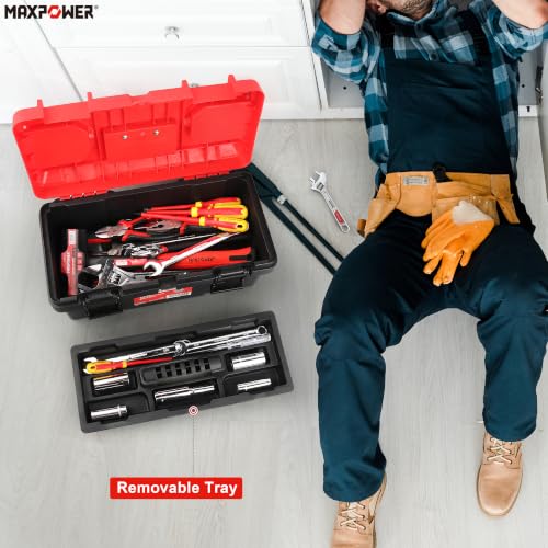 MAXPOWER Tool Box 16 inch, Plastic Small Tool Box with Latch Removable Tray - color: Red, size: 16"