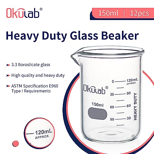 Glass Beakers, Heavy Duty, with Double Scale Printed Graduation. 12pcs of Vol.150ml, HBKG150C12 - style: 12pcs of 150ml