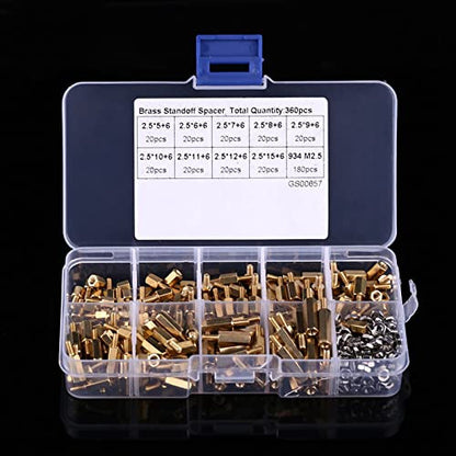 360PCS M2.5 Standoff, Spacers and Standoffs with Box, Stainless Steel Hex Motherboard Screws for Industrial, Electronic, Automotive Equipment