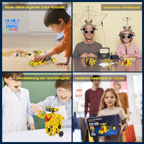 Solar Robot Kit for Kids Age 8-12, STEM Building Toys,12-in-1 Build Your Own Robot with Solar Panel & Battery Power, Science Engineering Christmas Birthday Idea Gifts for Boy Age 8 9 10 11 12 - color: Yellow