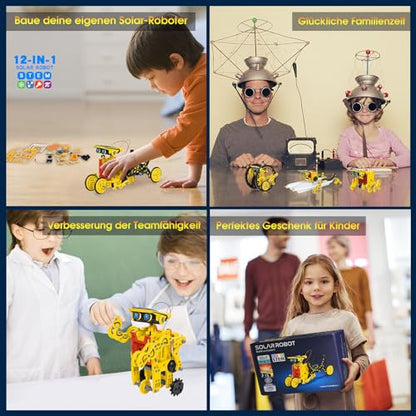Solar Robot Kit for Kids Age 8-12, STEM Building Toys,12-in-1 Build Your Own Robot with Solar Panel & Battery Power, Science Engineering Christmas Birthday Idea Gifts for Boy Age 8 9 10 11 12 - color: Yellow