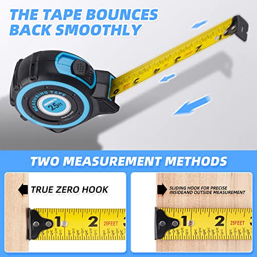 URASISTO Tape Measure 25FT with Fractions 1/8, Retractable Measuring Tape, Easy to Read, Rubber Protective Casing and Shock Absorbent Case for Carpenter, Surveyors, Engineers and Electricians