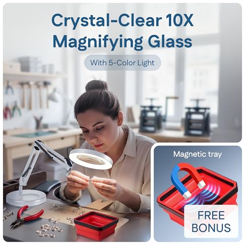 10X Magnifying Lamp - Desk Magnifying Glass with Light, Lighted Magnifying Glass with Stand, Magnifying Light, 5 Color Modes, 2 Mounting Options, USB Cable, Adapter & Magnetic Tray, White