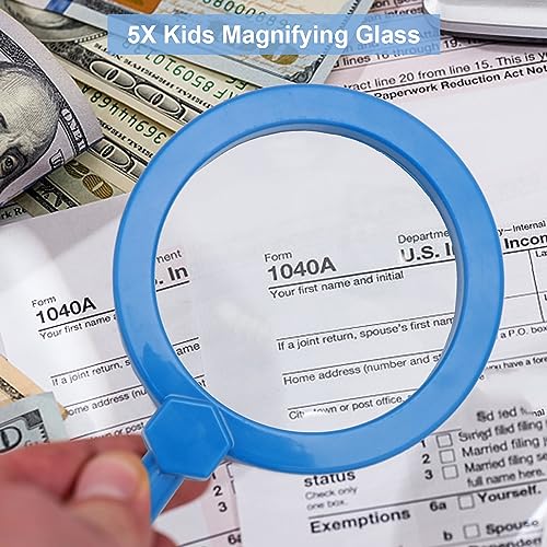 Rongon 5X Kids Magnifying Glass Handheld Jumbo Magnifiers with Stand (Blue) - color: Blue