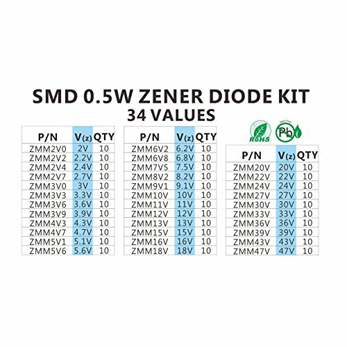Chanzon 34 Values 340pcs 0.5W SMD Zener Diode Assorted Kit (2V-47V)