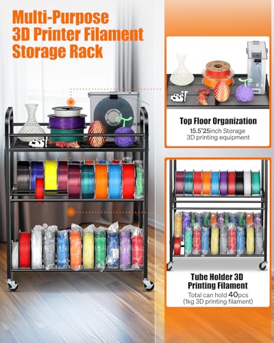 AHOWPD 3D Printer Filament Storage Rack, Rolling Cart for 40pcs Filaments - color: Black