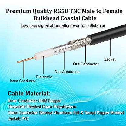 MOOKEERF RG58 TNC Cable 6FT,Low Loss TNC Male to Female Bulkhead Mount Coax Jumper Cable 50 ohm for Radio Scanner,CB Radio,Wi-Fi Radios,GPS Antenna,RF Device,Broadcast - size: 6FT