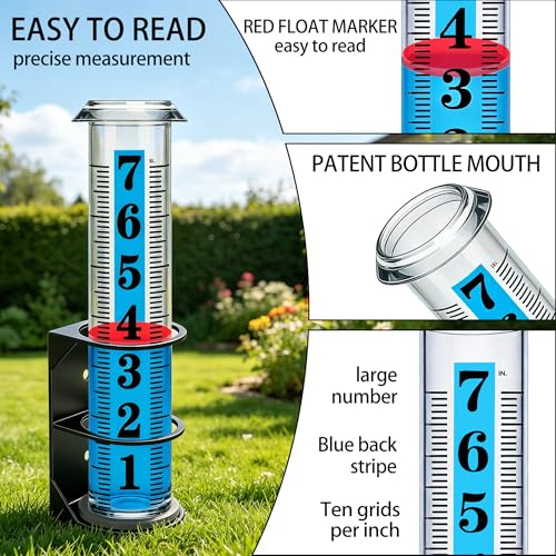 JMBay Rain Gauge Outdoor,7" Rain Gauges Outdoors Best Rated with Metal Rack Holder, Freeze Proof Rain Measure Gauge, Easy to Read with Red Float, Large Font Plastic Replacement Tube for Yard Garden