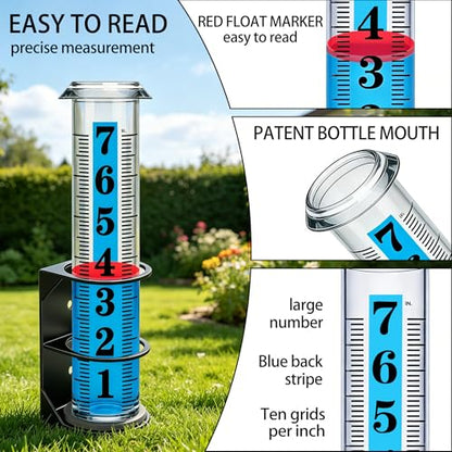 JMBay Rain Gauge Outdoor,7" Rain Gauges Outdoors Best Rated with Metal Rack Holder, Freeze Proof Rain Measure Gauge, Easy to Read with Red Float, Large Font Plastic Replacement Tube for Yard Garden