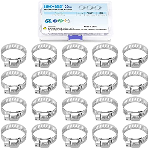 TICONN 20PCS Hose Clamps Set 304 Stainless Steel, 5/8"-1" Worm Gear - size: SAE #8 20PCS 5/8"~1"