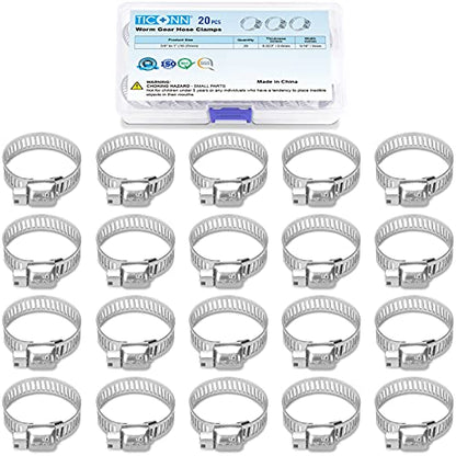 TICONN 20PCS Hose Clamps Set 304 Stainless Steel, 5/8"-1" Worm Gear - size: SAE #8 20PCS 5/8"~1"