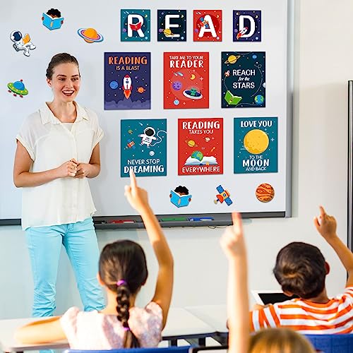 Outus 23 Pcs Reading Bulletin Board Decorations, Outer Space Read Posters