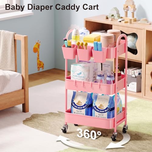 3 Tier Metal Rolling Cart with Lockable Wheels, Three Tiered Storage Carts - color: Fashion Pink, size: 3 tier