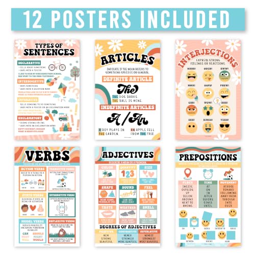 Parts of Speech Posters for Classroom Must Haves, 12 Grammar Posters - color: Retro Colorful