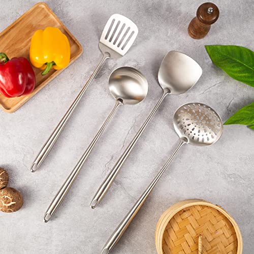 17″ Wok Utensils - Wok Spatula and Ladle, Skimmer Spoon, Slotted Spatula - color: 4-Pieces