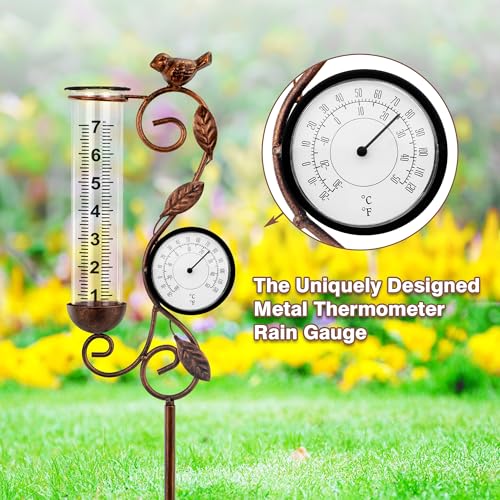 36in Bird Rain Gauge Thermometer Bronze Metal Garden Stake Decor - color: Bronze Bird