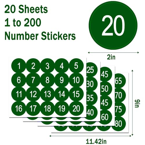 20 Sheets 2 Inch Number Stickers 1-200 Number Stickers 2 Sets Green Self-Adhesive Consecutive Sticker Numbers Vinyl Numbered Labels Inventory Sticker Decal for Indoor Outdoor, Storage, Organizing - color: Green,2",2sets(1-200)
