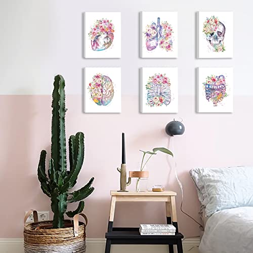 CHDITB Medical Anatomical Art Set 6(8”x10”) Vintage Gothic Human Anatomy Poster, Biology Floral Skeleton Classroom Wall Art Shabby Gift for Nurses Doctors Physicians Assistant Pa Skull Posters Framed - color: Pink, size: 8"L x 10"W