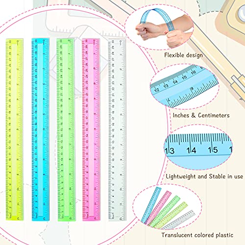 Tenare 20 Pack 12" Clear Plastic Ruler for Classroom School, Multicolor
