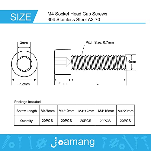M4 x 8mm 10mm 12mm 16mm 20mm Socket Head Cap Screws Bolts, Stainless Steel 304, Metric Allen Hex Drive, Bright Finish, Fully Threaded, Assortment Kit 100PCS - size: Socket M4x8-20 mm