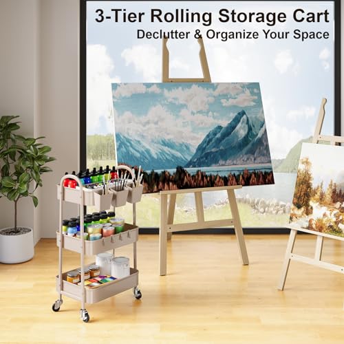 3 Tier Khaki Metal Utility Rolling Cart, Storage Carts with Lockable Wheels - color: Rustic Khaki, size: 3 tier