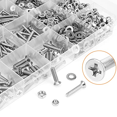 HELIFOUNER 1280 Pieces M2 M2.5 M3 M4 304 Stainless Steel Phillips Countersunk Head Machine Screws, Metric Screws Bolts Washers Nuts Kit, 304 Stainless Steel - size: M2/M2.5/M3/M4, style: Phillips Countersunk Head