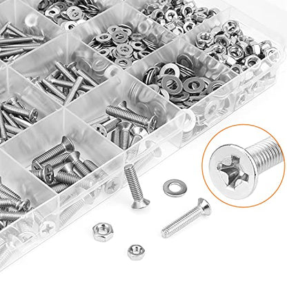 HELIFOUNER 1280 Pieces M2 M2.5 M3 M4 304 Stainless Steel Phillips Countersunk Head Machine Screws, Metric Screws Bolts Washers Nuts Kit, 304 Stainless Steel - size: M2/M2.5/M3/M4, style: Phillips Countersunk Head