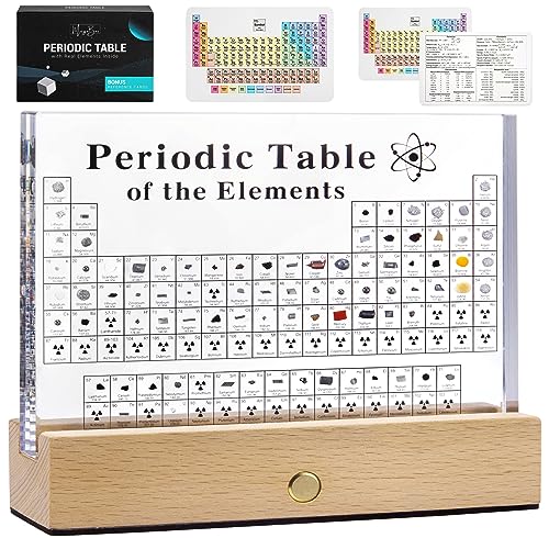 MegaBox Periodic Table Of Elements with 83 Real Elements, Acrylic Periodic Table Display With Wooden Stand, 6x Chemistry Formula Reference Cards, Science Teacher Gift Classroom Decoration - size: 6"L x 4.5"W