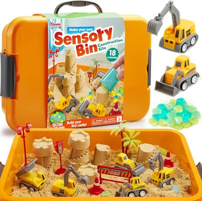 JOVA Klever Kits Construction Sensory Bin for Kids with Glow in The Dark Stones, Sandbox with Lid Castle Building kit, Preschool Learning Activities Gifts for Boys Girls Age 3+ - style: Construction