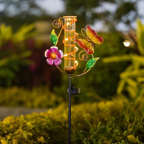 Solar Rain Gauge Outdoor, Butterfly Rain Gauges for Yard - color: Yellow Butterfly