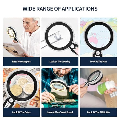 45X Magnifying Glass with Light, Rechargeable LED Magnifier for Reading - color: Black