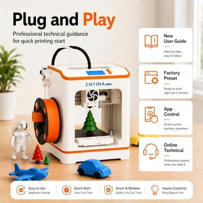 Entina Tina2C Mini 3D Printer Starter Bundle for Kids & Beginners, Fully Assembled, Auto Leveling, Easy Setup, WiFi & App Control, 3000+ Model Library, 20+ Creative DIY Modules, Includes 4-Color PLA - color: Red/White/Blue/Green