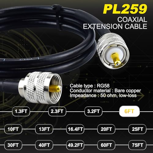 PL259 Jumper Cable 6FT RG58 Coaxial Cable UHF PL-259 Male 50 Ohm - color: 1-Pack PL259 Cable, size: 6ft