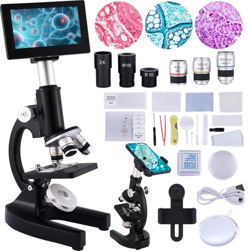 Microscope 40X-2500X Magnification with 4.3-inch Display, Wide-Angle 10X and 25X eyepieces, and Built-in 5-megapixel Camera for School Labs, Animal Husbandry (Black) - color: black
