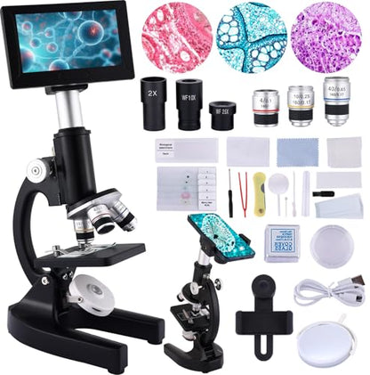 Microscope 40X-2500X Magnification with 4.3-inch Display, Wide-Angle 10X and 25X eyepieces, and Built-in 5-megapixel Camera for School Labs, Animal Husbandry (Black) - color: black