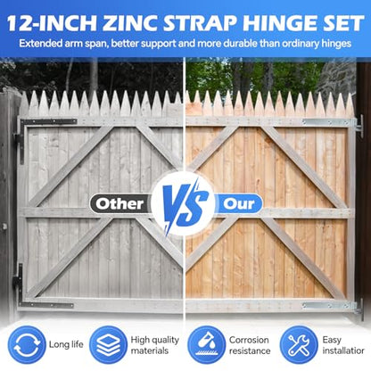 4 Sets Wall Mount Gate Hinge Bracket with Strap Hinge Heavy Duty Farm & Chain Link Gate Hinges Farm Gate Hinges Outdoor Hardware for Barns Tool Sheds and Other Swing Doors, Galvanized - style: 4pcs U-shape-12''