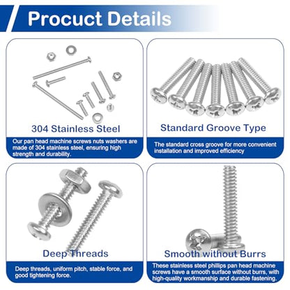 16 Sets #8-32 x 2 Pan Head Machine Screws Nuts Washers Assortment Kit - size: #8-32 x 2"