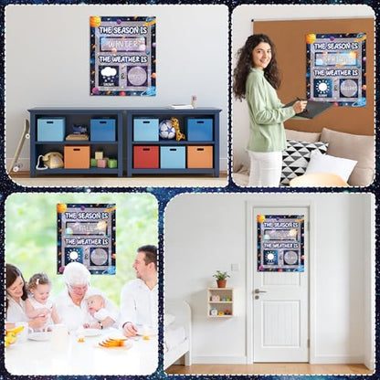 Outer Space Galaxy Season and Weather Calendar Bulletin Board Season Calendar Posters with Weather Cards Hook and Loop Dots for Classroom Wall Decor Preschool Kindergarten Student Teacher Supplies - style: Outer Space Galaxy